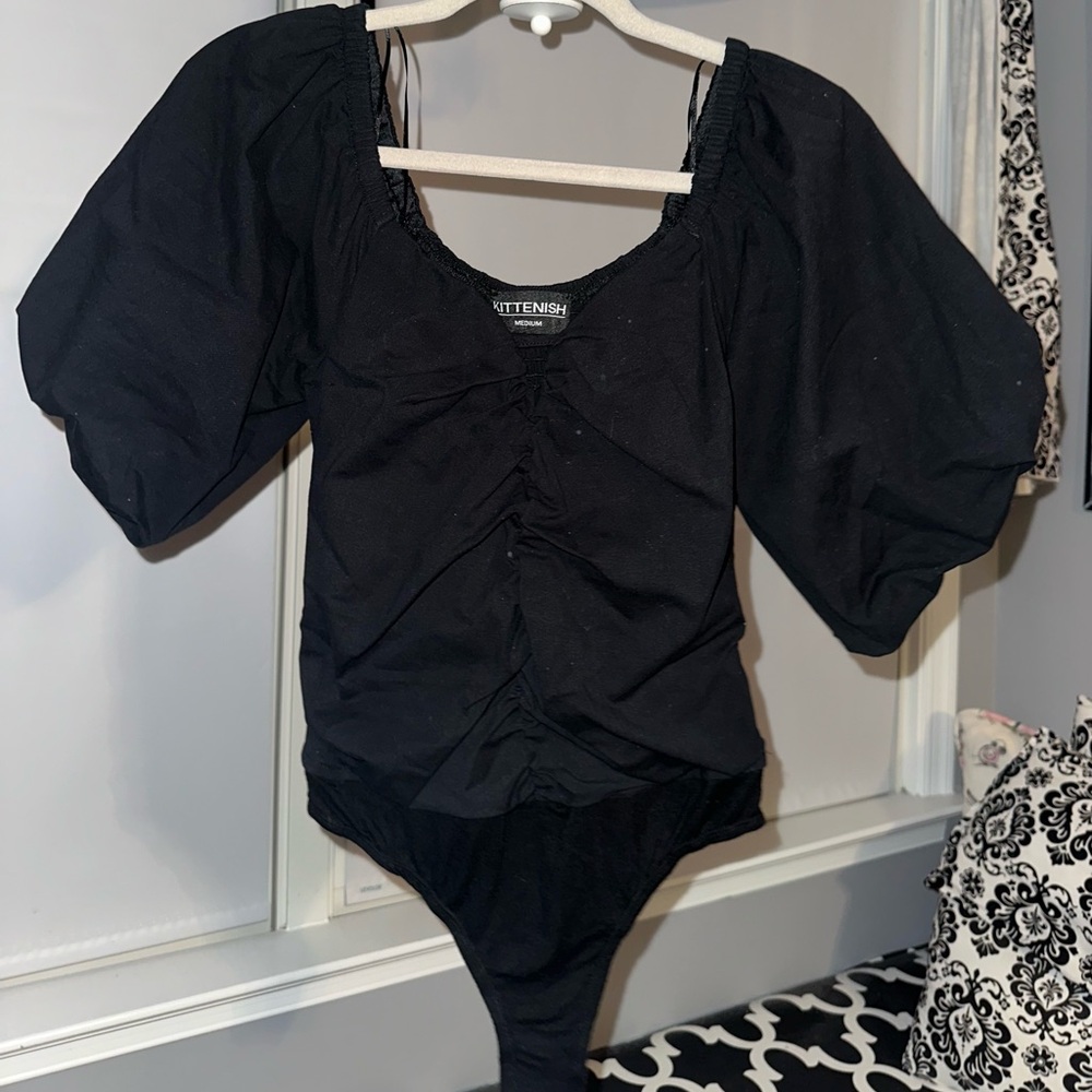 Kittenish Elegant Black Ruched Bodysuit